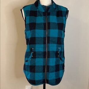 Multiples Outerwear Vest Teal Black checkered pockets modern grommet detail XS